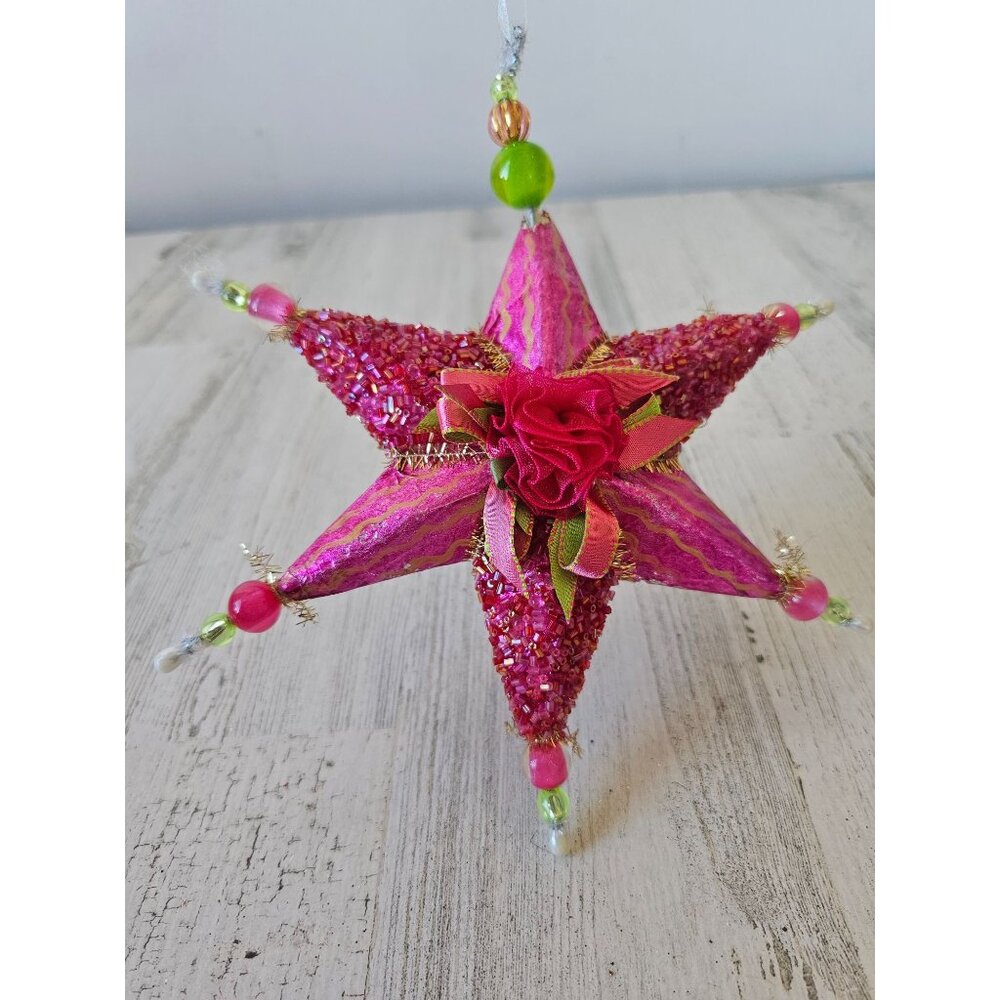 Sequin star beaded ribbon ornament pink Xmas tree green‎ very unique well made